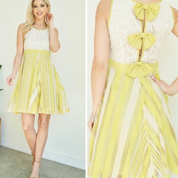 New! Clearance 🔥 Light Yellow Beige Lace, Bows, Stripes, Lined Bow Back Dress - Picture 1 of 5